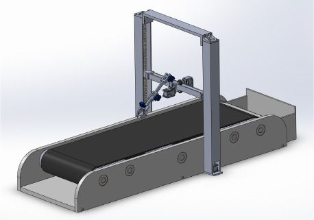 SolidWorks rendering of the Automated Quality Sorting Manipulator with conveyor, dual gantry, articulated arm, and gripper